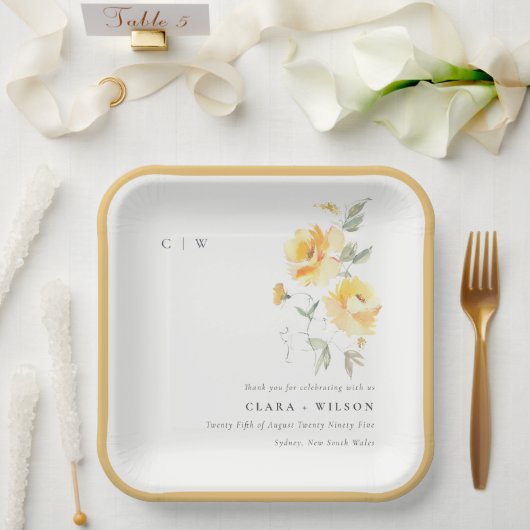 Assiettes En Carton Mariage   de Rose à aquarelle jaune vert (Mariage)