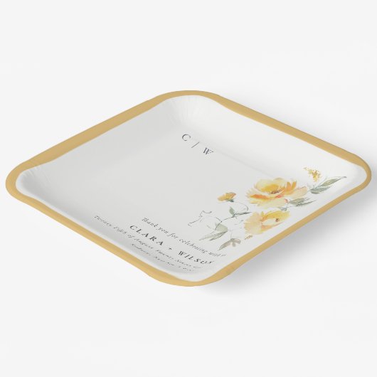 Assiettes En Carton Mariage de Rose à aquarelle jaune vert (Angulaire)