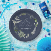 Assiettes En Carton Mariage de script botanique moderne bleu marine (Fête)