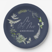 Assiettes En Carton Mariage de script botanique moderne bleu marine (Devant)