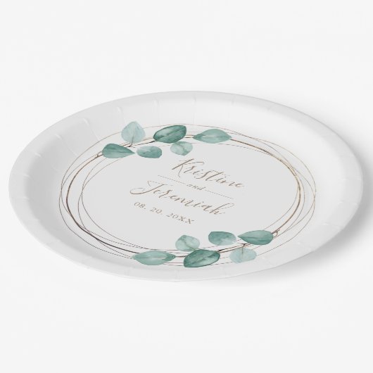 Assiettes En Carton Mariage de script de café Eucalyptus moderne (Angle)