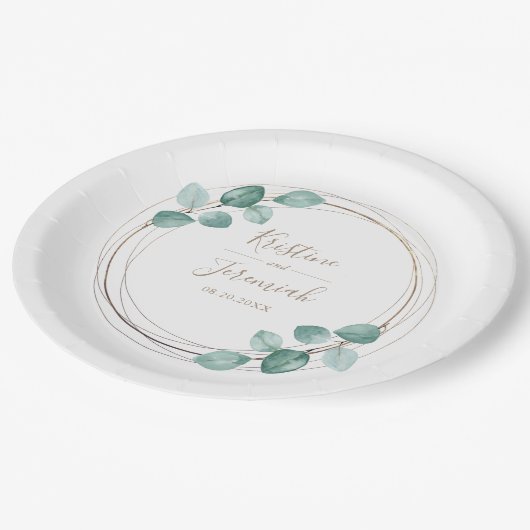 Assiettes En Carton Mariage de script de café Eucalyptus moderne (Angle)