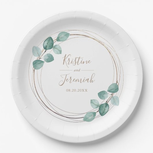 Assiettes En Carton Mariage de script de café Eucalyptus moderne (Devant)