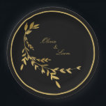 Assiettes En Carton Mariage de script de la feuille d'or noire<br><div class="desc">Beau noir avec feuille parties scintillant accents plaque de papier qui est chic et élégant. Minimaliste et moderne. Ajoutez vos noms.</div>