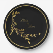 Assiettes En Carton Mariage de script de la feuille d'or noire (Devant)