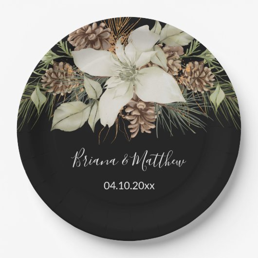 Assiettes En Carton Mariage de script élégant noir et blanc hiver (Devant)