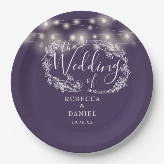 Assiettes En Carton Mariage de script floral violet (Devant)
