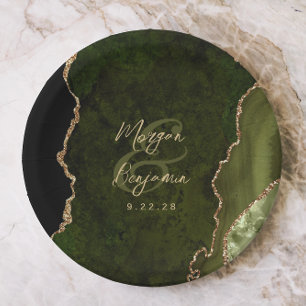 Assiettes En Carton Mariage de script Gold Agate vert d'olive