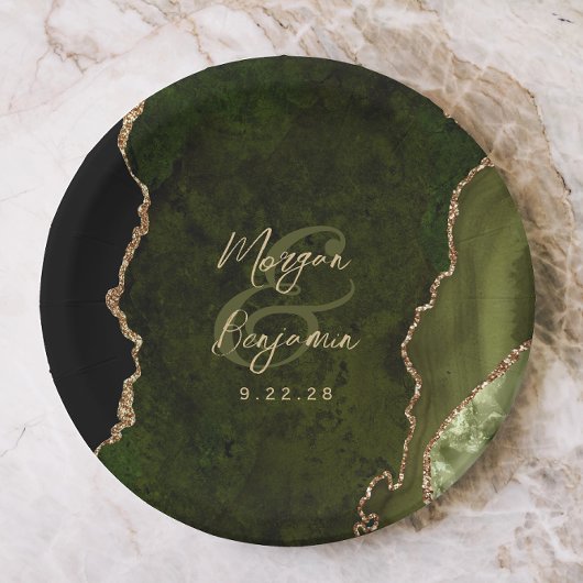 Assiettes En Carton Mariage de script Gold Agate vert d'olive