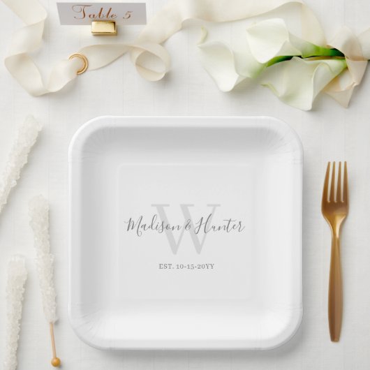 Assiettes En Carton Mariage de script moderne gris blanc (Mariage)