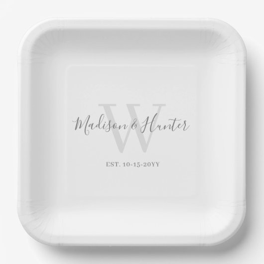 Assiettes En Carton Mariage de script moderne gris blanc (Recto)