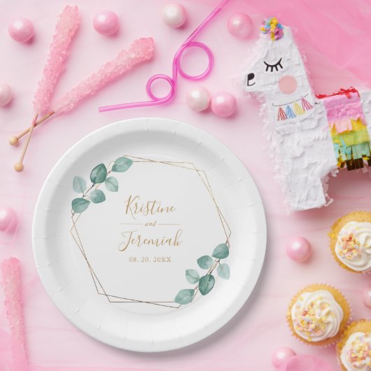 Assiettes En Carton Mariage de script or Eucalyptus moderne (Fête)