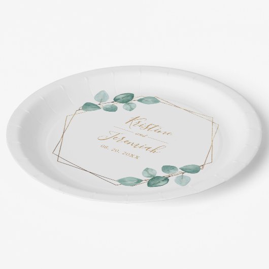 Assiettes En Carton Mariage de script or Eucalyptus moderne (Angle)
