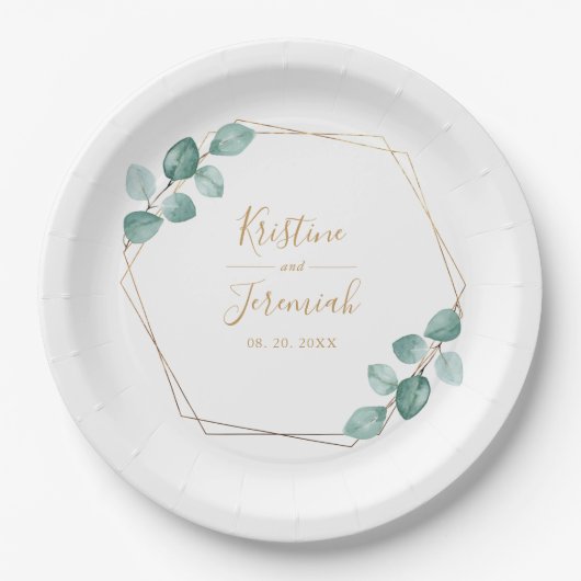 Assiettes En Carton Mariage de script or Eucalyptus moderne (Devant)