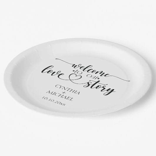 Assiettes En Carton Mariage de script simple 'notre histoire d'amour' (Angle)