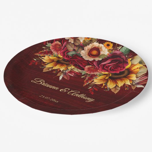 Assiettes En Carton Mariage de tournesol d'automne monogramme Bourgogn (Angle)