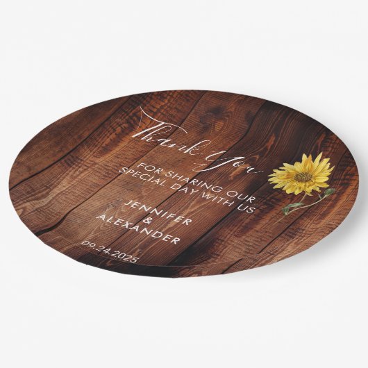 Assiettes En Carton Mariage de tournesol en bois rustique merci (Angle)