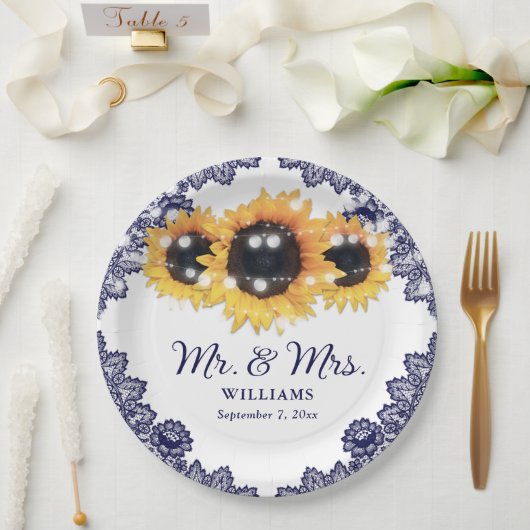 Assiettes En Carton Mariage de tournesol en dentelle rustique bleu mar (Mariage)