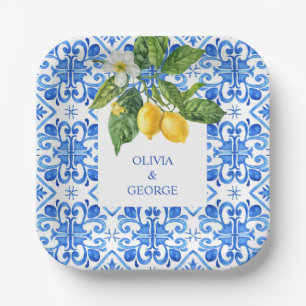Assiettes En Carton Mariage de tuiles et citrons bleu méditerranéen