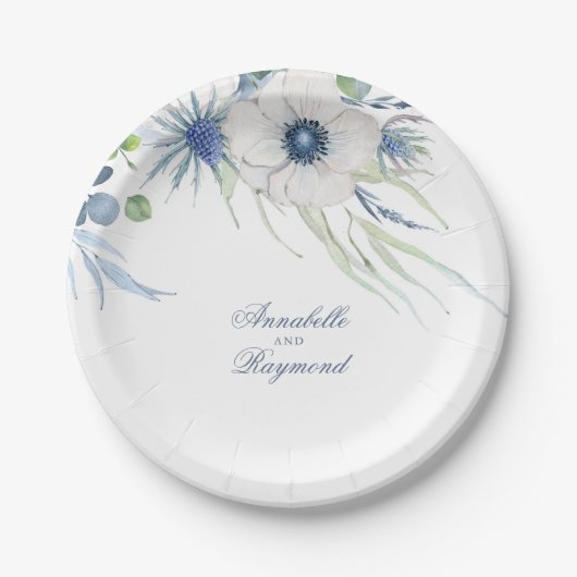 Assiettes En Carton Mariage de verdure florale bleu poussiéreux (Devant)