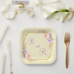 Assiettes En Carton Mariage Décontracté à cadre à deux monogrammes