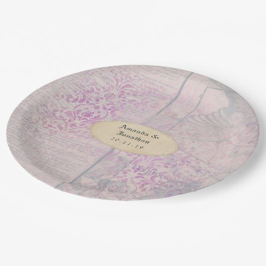 Assiettes En Carton Mariage Découpe en Papier Lavande Damas (Angle)