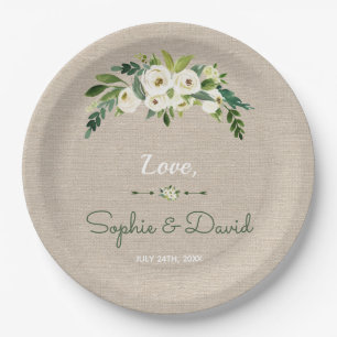 Assiettes En Carton Mariage d'écriture moderne de Burlap Floral Blanc