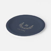 Assiettes En Carton Mariage des initiales bleu et or de minuit (Angle)