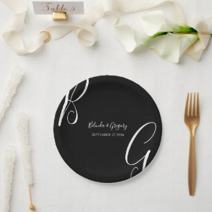 Assiettes En Carton Mariage des initiales du monogramme noir et blanc