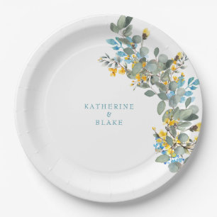 Assiettes En Carton Mariage des noms d'eucalyptus jaunes et turquoise