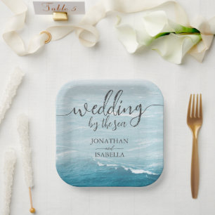 Assiettes En Carton Mariage d'été au bord de la mer bleue ondulée ombr