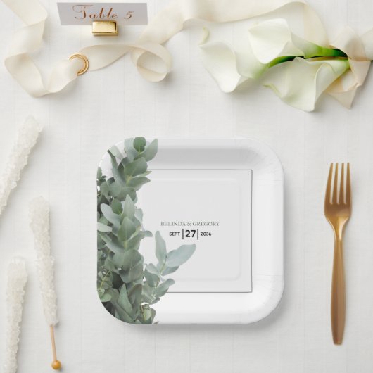 Assiettes En Carton Mariage d'eucalyptus en argent (Mariage)