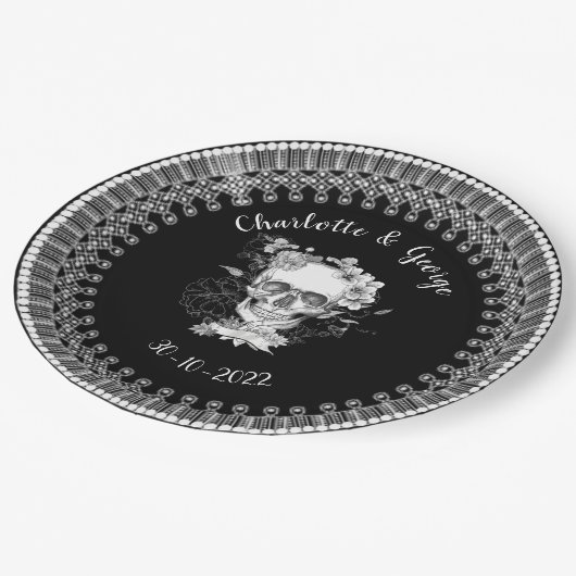 Assiettes En Carton Mariage d'Halloween en dentelle noire blanche (Angle)