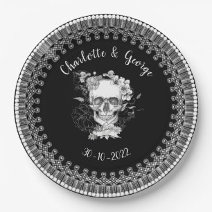 Assiettes En Carton Mariage d'Halloween en dentelle noire blanche
