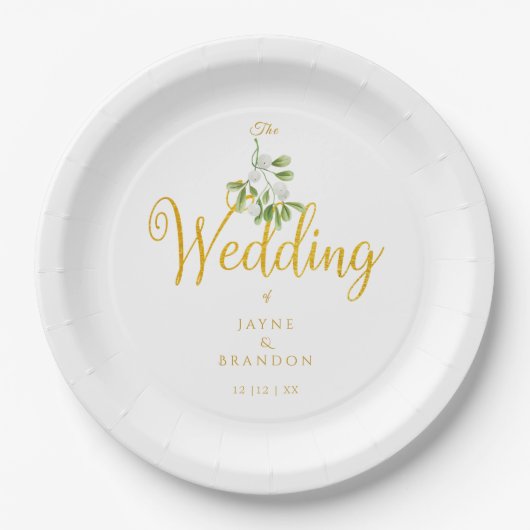 Assiettes En Carton Mariage d'hiver Elégant script or Mistletoe (Devant)