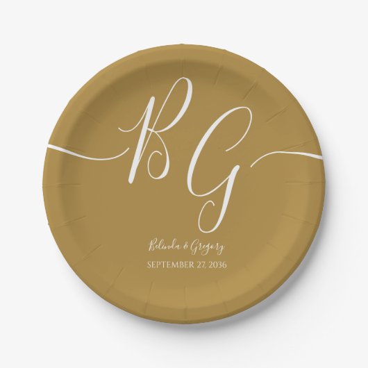 Assiettes En Carton Mariage d'initiaux dorés simple et élégant (Devant)