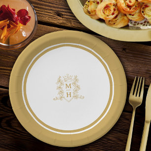 Assiettes En Carton Mariage d'or de la crête de coeur du monogramme