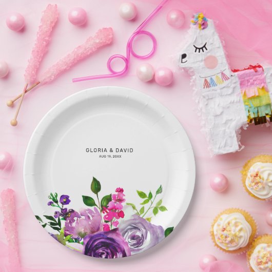 Assiettes En Carton Mariage élégant à la florale violette (Fête)