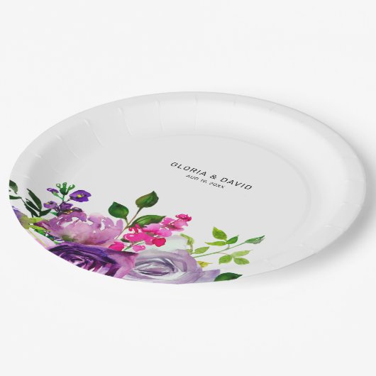 Assiettes En Carton Mariage élégant à la florale violette (Angle)