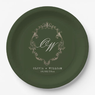 Assiettes En Carton Mariage élégant à monogramme vert olive