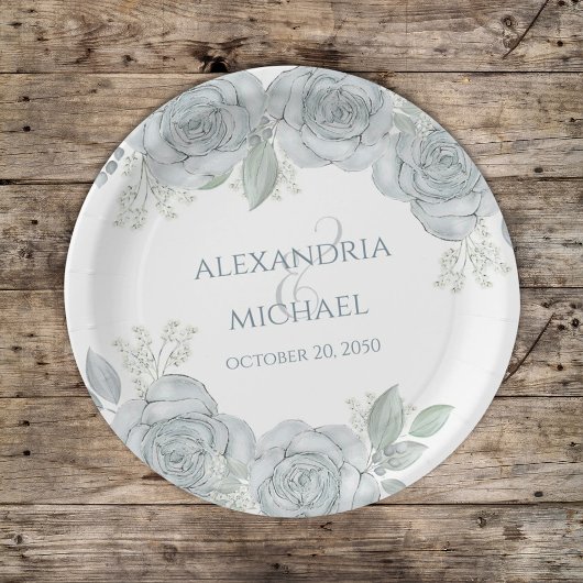 Assiettes En Carton Mariage élégant bleu Dusty Floral Fleurs Roses Flo