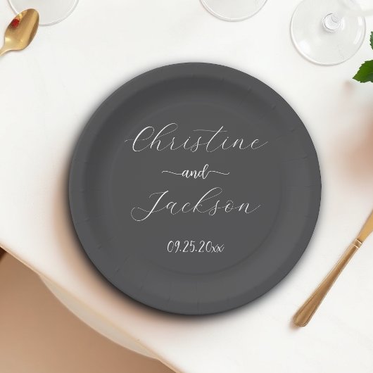 Assiettes En Carton Mariage élégant écriture gris foncé