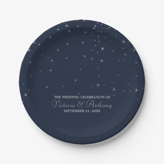 Assiettes En Carton Mariage Elegant Marine & Silver Falling Stars (Devant)