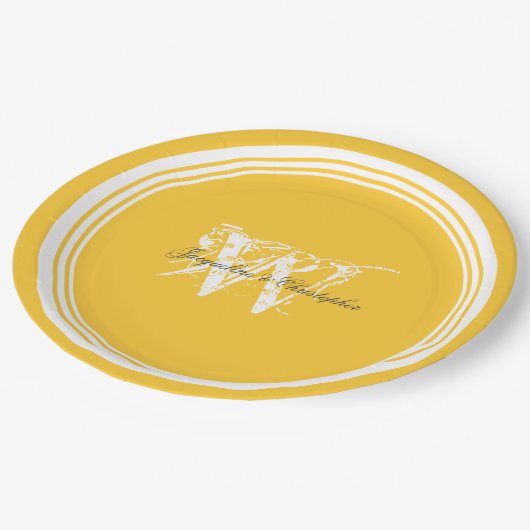 Assiettes En Carton Mariage Élégant Monogramme Jaune Et Blanc Sunny (Angle)