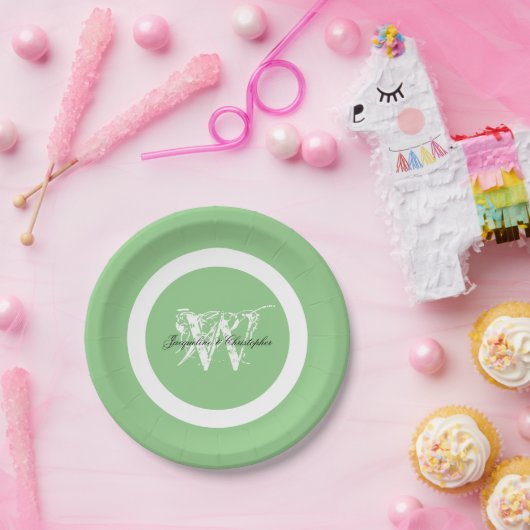 Assiettes En Carton Mariage Élégant Monogramme Nom Chic Pastel Vert (Fête)