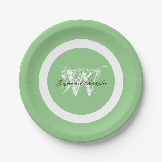 Assiettes En Carton Mariage Élégant Monogramme Nom Chic Pastel Vert (Devant)