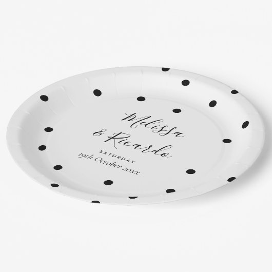 Assiettes En Carton Mariage Élégant Noir et Blanc à Pois (Angle)