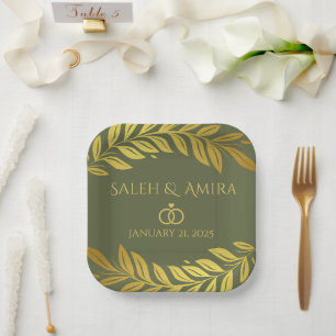 Assiettes En Carton Mariage élégant or et vert