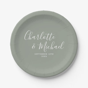 Assiettes En Carton Mariage Élégant Signature Sauge Argentée