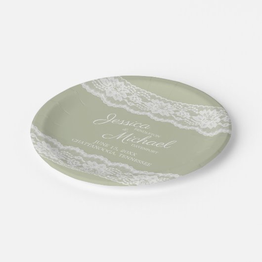 Assiettes En Carton Mariage Élégant Vert Sauge et Dentelle Blanche (Angle)